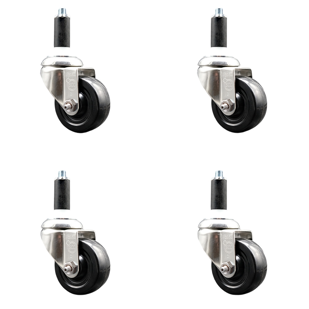 Hard Rubber Swivel Stem Caster with 3 in. Black Caster Wheels, 1 in. Expanding Stems - 316 Stainless Steel Casters - Set of 4