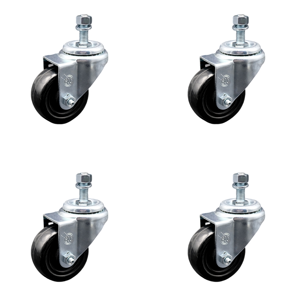 SCC-SSTS20S314-HRS-121315-4 Stainless Steel Hard Rubber Swivel Threaded Stem Caster with 3 x 1.25 in. Black Wheels & 0.5 in. Stems - Set of 4