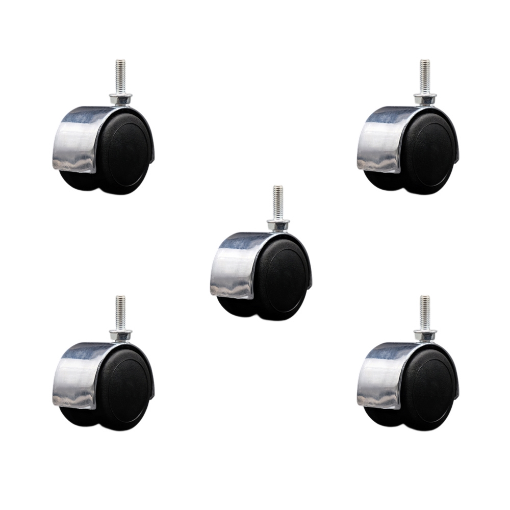 2 in. Floor Safe Office Chair Wheels Bright Chrome Metal Hooded Twin Wheel 0.31 in. 18 TPI x 1 in. Threaded Stems - Set of 5