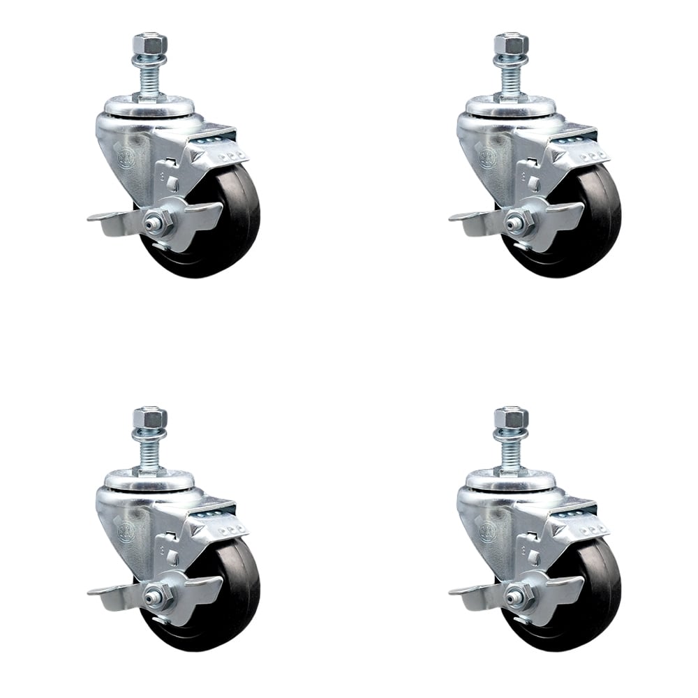 SCC-SSTS20S314-HRS-TLB-121315-4 Stainless Steel Hard Rubber Swivel Threaded Stem Caster with 3 x 1.25 in. Black Wheels & 0.5 in. Stems - Set of 4