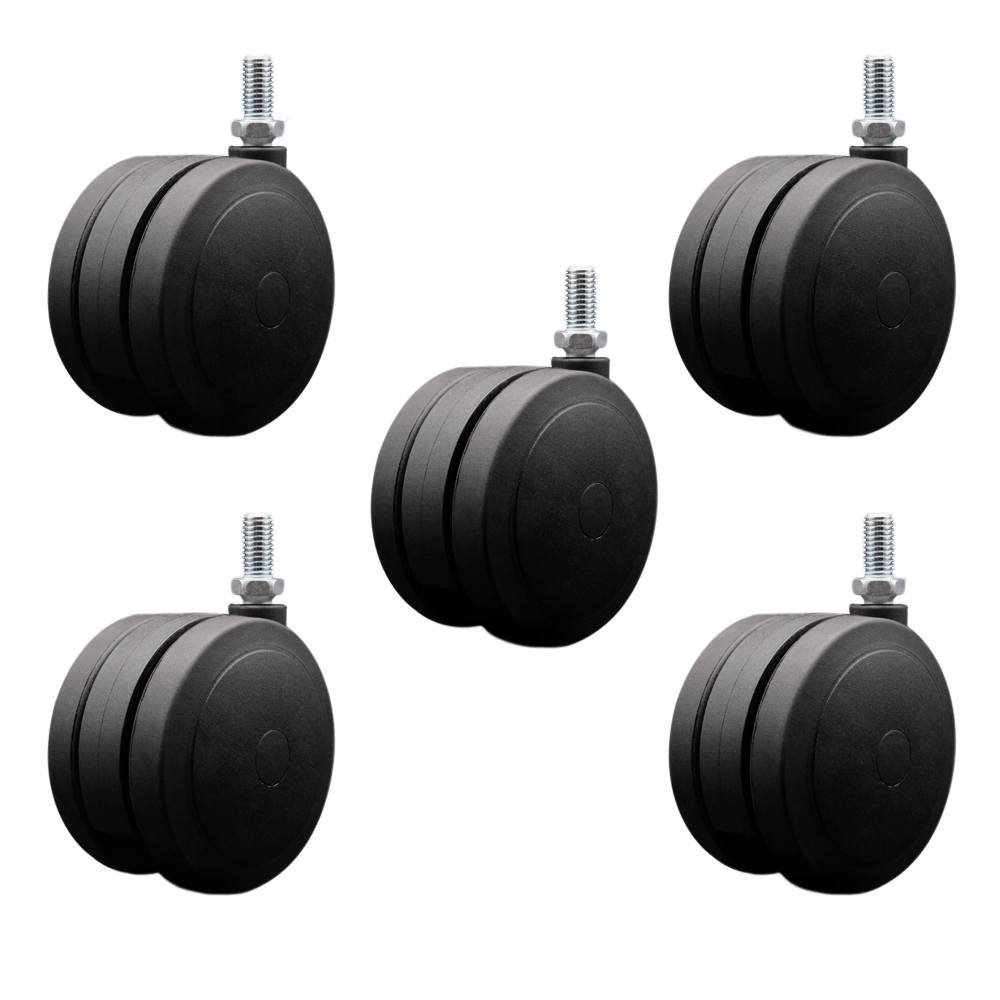 4 in. Extra Large Heavy Duty Floor Safe Office Chair Wheels Black Non-Marking Twin Wheels 0.5 in. - 13 TPI x 1 in. Threaded Stems - Set of 5 -  Service Caster, SCC-TS02S100-TPR-BLK-121310-5