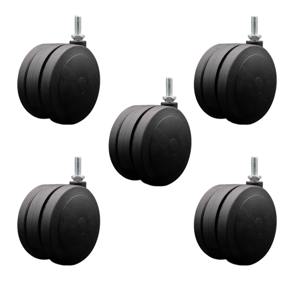 4 in. Extra Large Heavy Duty Floor Safe Office Chair Wheels Black Non-Marking Twin Wheels 0.38 in. - 16 TPI x 1 in. Threaded Stems - Set of 5