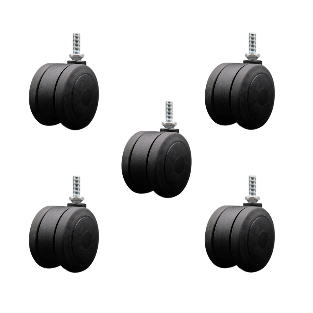 3 in. Extra Large Heavy Duty Floor Safe Office Chair Wheels Black Non-Marking Twin Wheels 0.38 in. - 16 TPI x 1 in. Threaded Stems - Set of 5