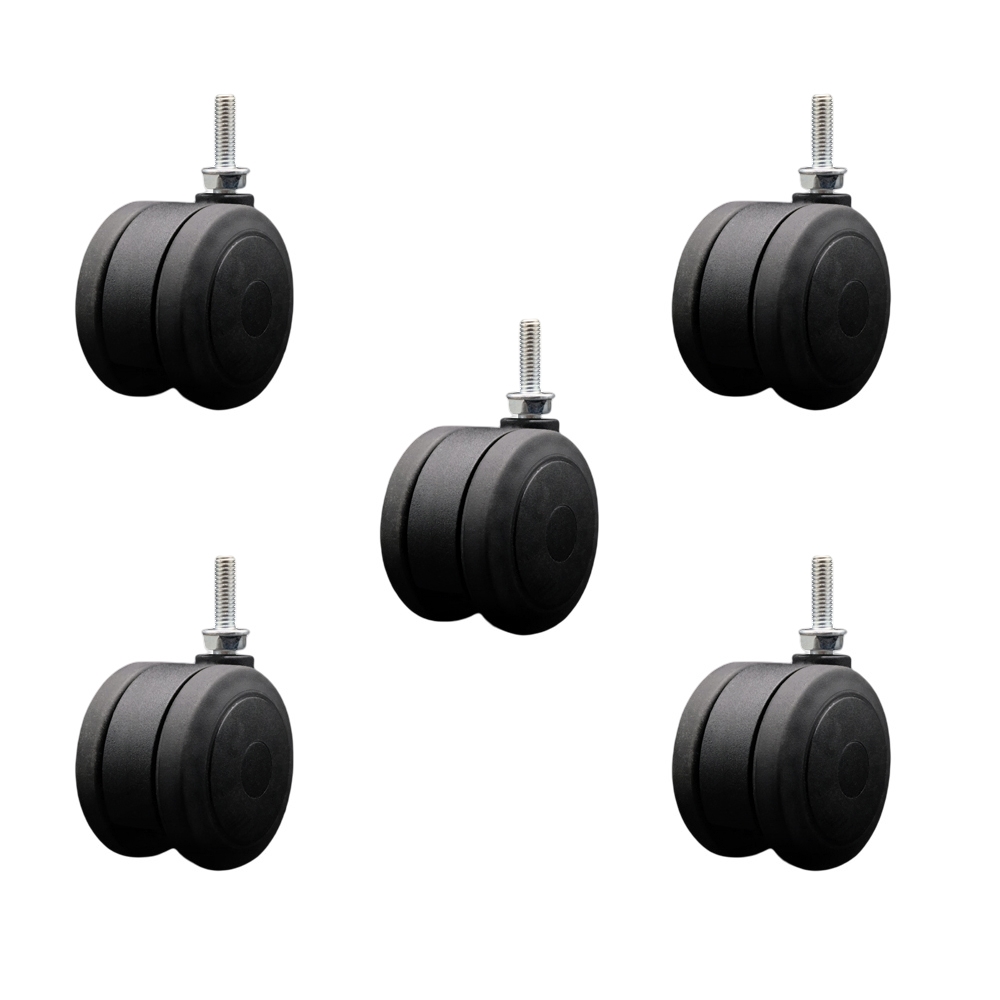 3 in. Extra Large Heavy Duty Floor Safe Office Chair Wheels Black Non-Marking Twin Wheels 0.31 in. - 18 TPI x 1 in. Threaded Stems - Set of 5