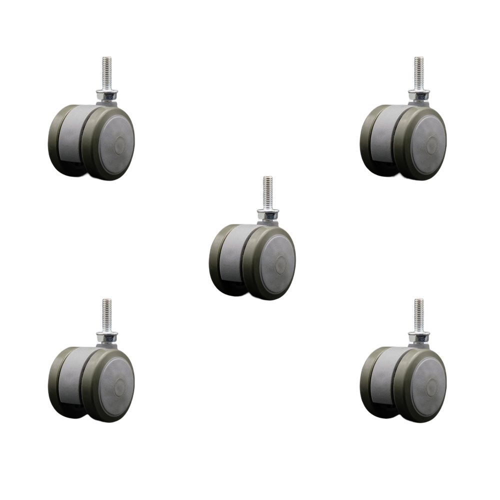 2 in. Floor Safe Office Chair Wheels Gray Non-Marking Thermoplastic Rubber Twin Wheels 0.31 in. - 18 TPI x 1 in. Threaded Stems - Set of 5