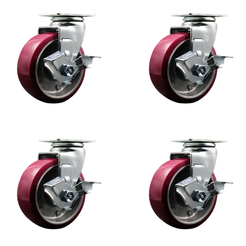 SCC-20S520-PAR-TLB-4 Swivel Top Plate Caster Set Maroon 5 in. by 2 in. Polyurethane on Aluminum Wheel Roller Bearing