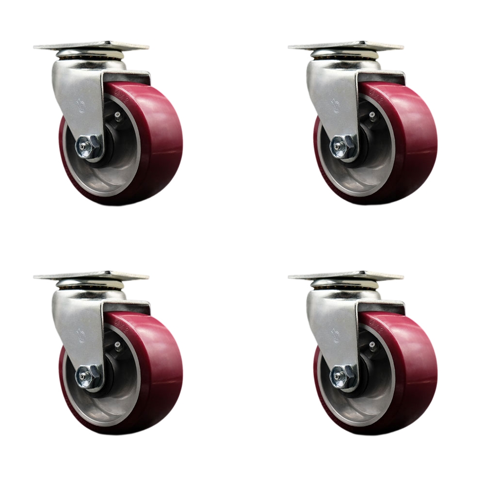 SCC-20S420-PAB-4 Swivel Top Plate Caster Set Maroon 4 in. by 2 in. Polyurethane on Aluminum Wheel Ball Bearing