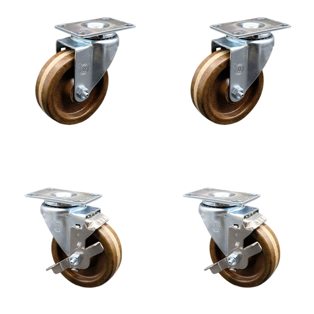 High Temperature Swivel Caster with 2 Brakes & 4 in. High Temperature Phenolic Wheel 3.13 x 4.13 in. Overall Top Plate - Set of 4
