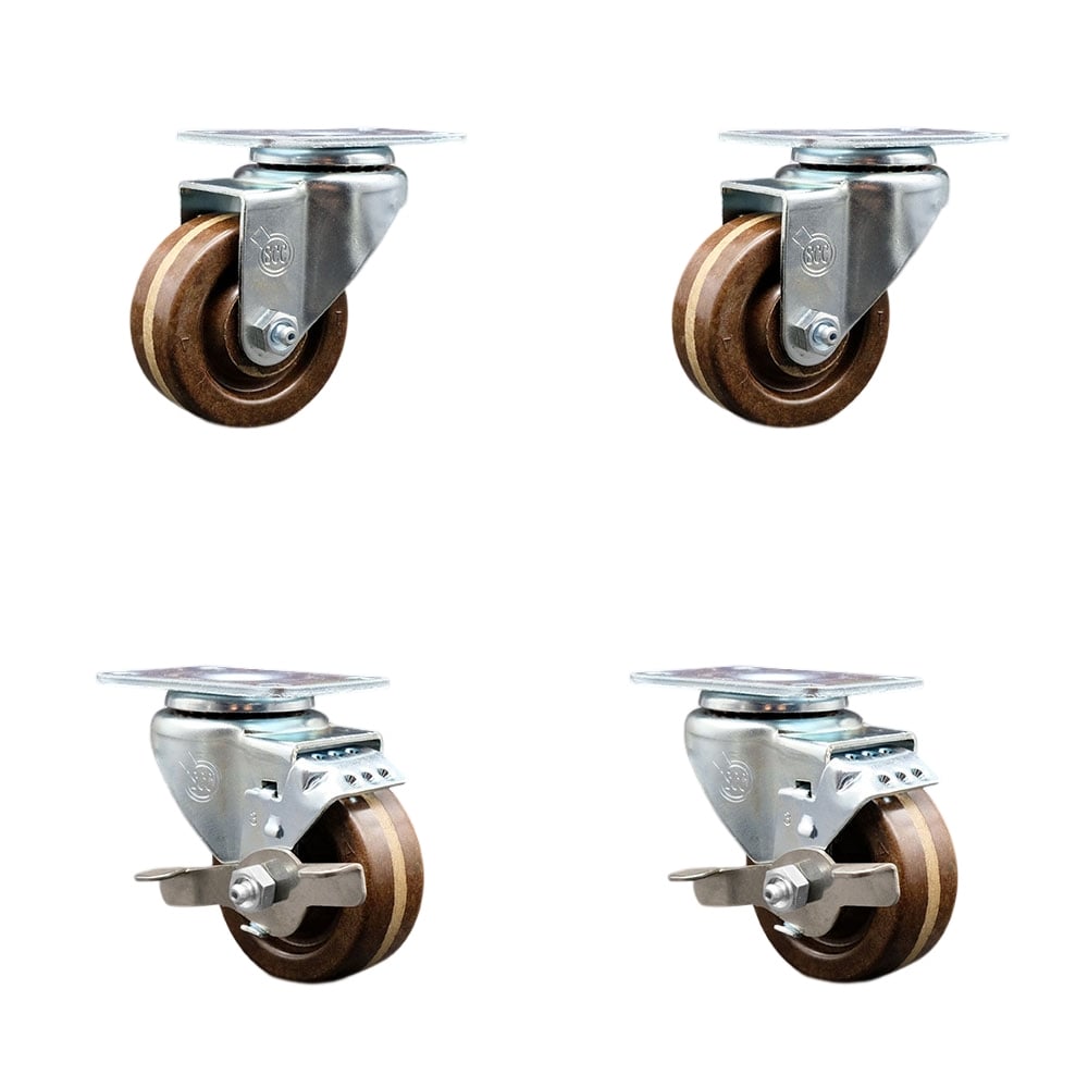 High Temperature Swivel Caster with 2 Brakes & 3 in. High Temperature Phenolic Wheel 4 x 4.5 in. Overall Top Plate - Set of 4