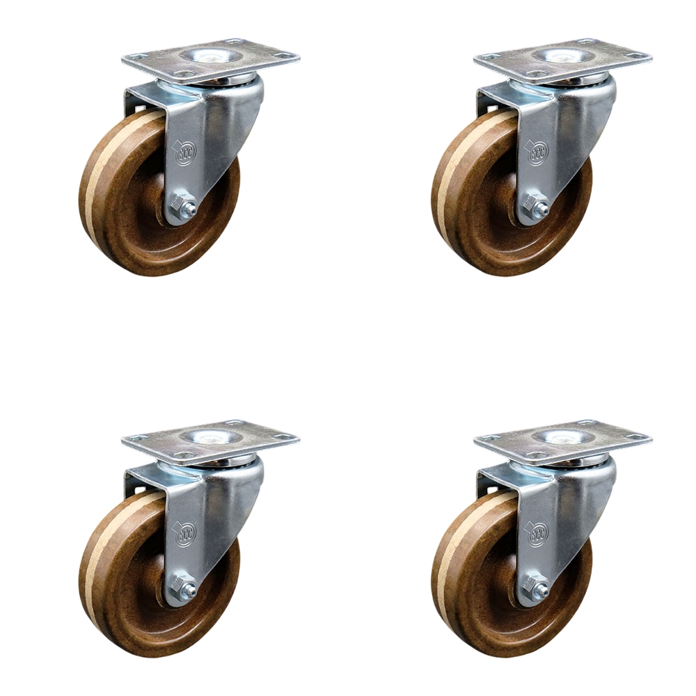High Temperature Swivel Caster with 4 in. High Temperature Phenolic Wheel with Roller Bearing 4 x 4.5 in. Overall Top Plate - Set of 4