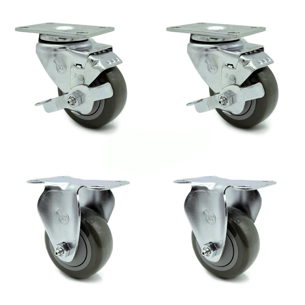 SCC-20S314-PPUB-TLB-TP2-2-R-2 Swivel Caster with 2 Brakes & 2 Rigid 3 in. Gray Polyurethane Wheel 3.13 x 4.13 in. Overall Top Plate - Set of 4