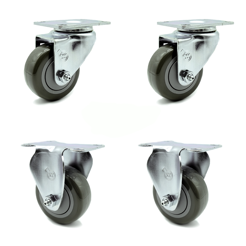 SCC-20S3514-PPUB-TP3-2-R-2 Swivel Caster with 2 Rigid Casters 3.5 in. Gray Polyurethane Wheel 4 x 4.5 in. Overall Top Plate - Set of 4