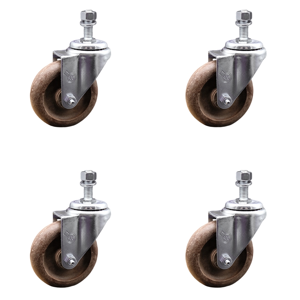Stainless Steel High Temperature Glass Filled Nylon Swivel Threaded Stem Caster with 4 x 1.25 in. Brown Wheels & 0.5 in. Stems - Set of 4