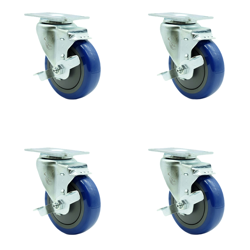 SCC-20S414-PPUB-BLUE-TLB-TP3-4 Swivel Caster with Brakes & 4 in. Blue Polyurethane Wheel 4 x 4.5 in. Overall Top Plate - Set of 4