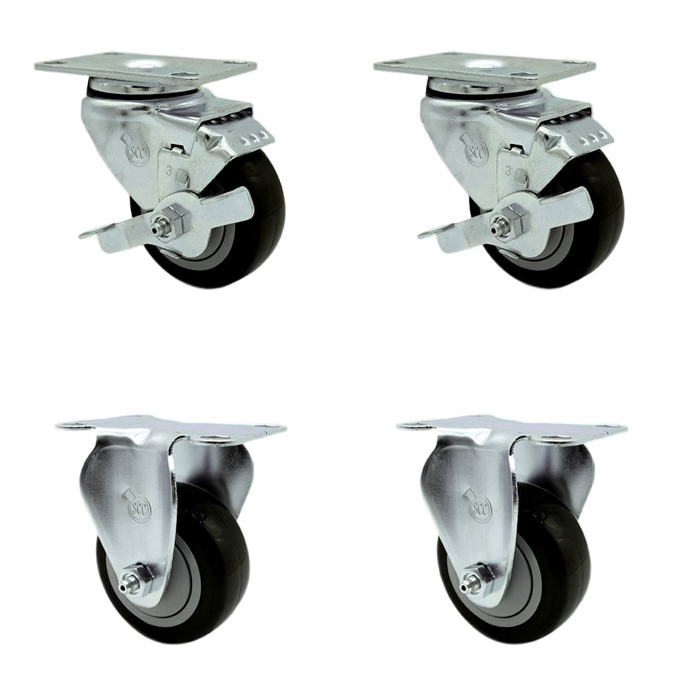 SCC-20S314-PPUB-BLK-TLB-TP2-2-R-2 Swivel Caster with 2 Brakes & 2 Rigid 3 in. Black Polyurethane Wheel 3.13 x 4.13 in. Overall Top Plate - Set of 4