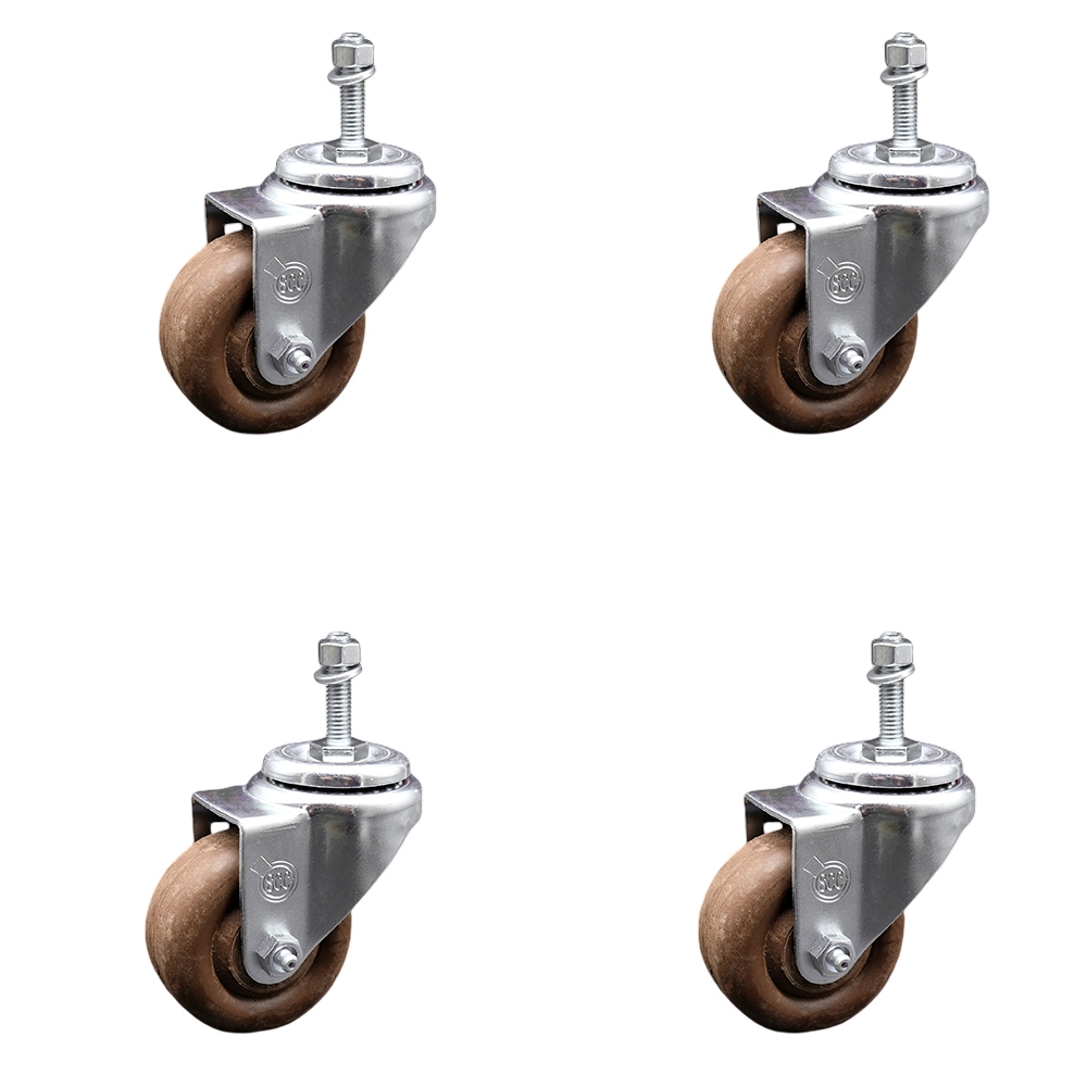 Stainless Steel High Temperature Glass Filled Nylon Swivel Threaded Stem Caster with 3 x 1.25 in. Brown Wheels & 10 mm Stems - Set of 4