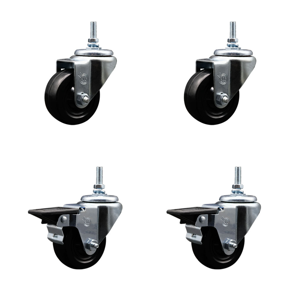 SCC-TS20S314-HRS-381615-2-PLB-2 Hard Rubber Swivel Threaded Stem Caster with 3 x 1.25 in. Black Wheels & 0.38 in. Stems - Set of 4