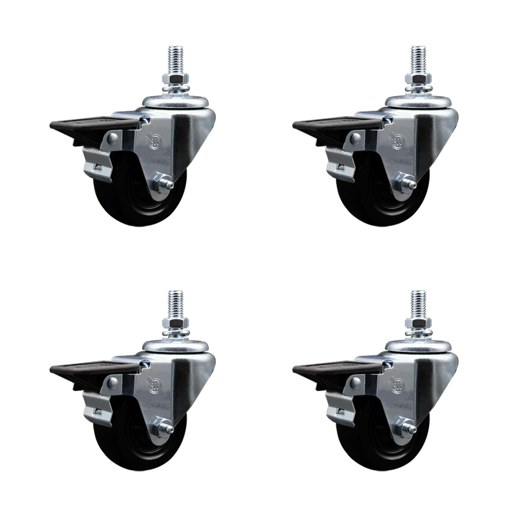 SCC-TS20S314-HRS-PLB-M1015-4 Hard Rubber Swivel Threaded Stem Caster with 3 x 1.25 in. Black Wheels & 10 mm Stems - Set of 4