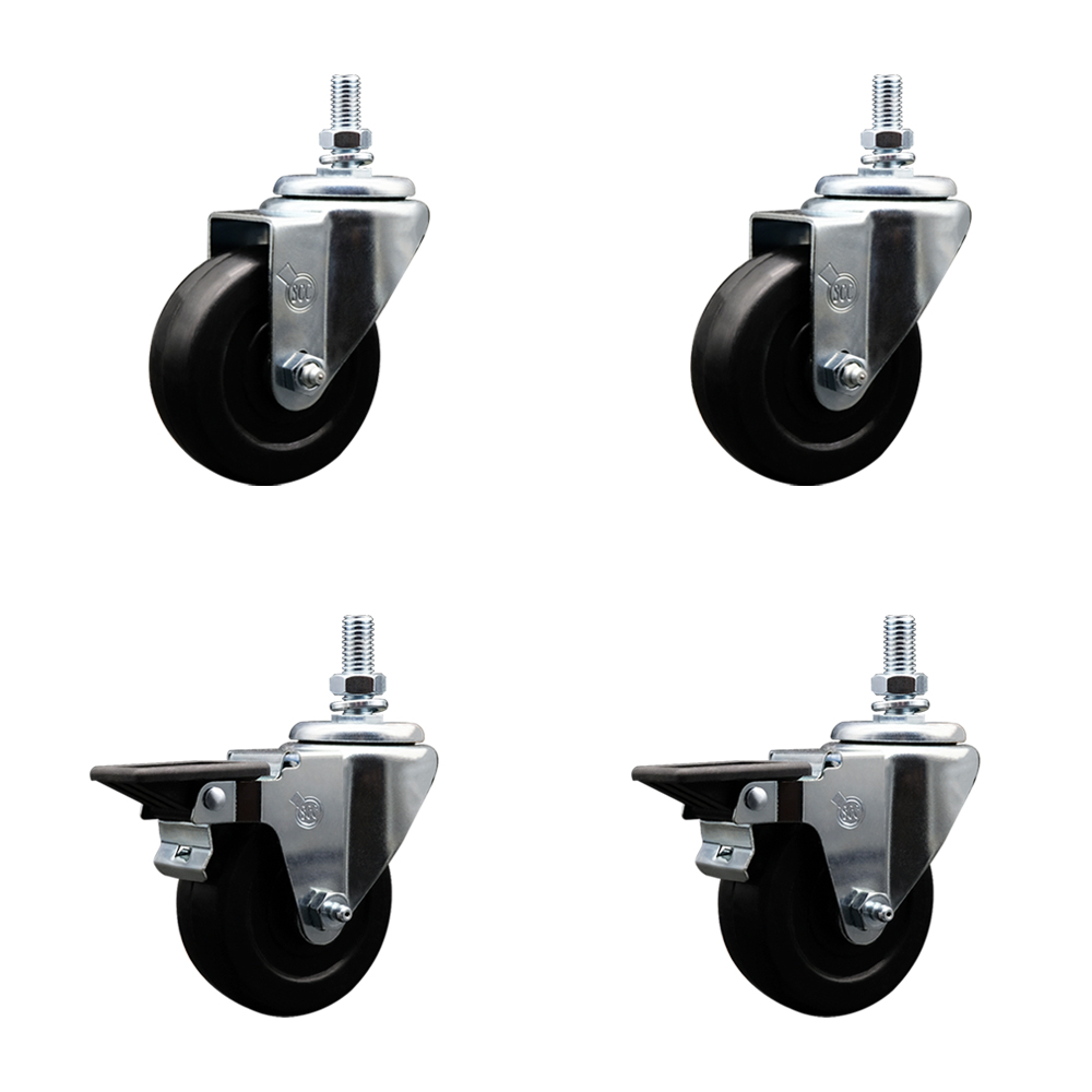 SCC-TS20S3514-HRS-M1015-2-PLB-2 Hard Rubber Swivel Threaded Stem Caster with 3.5 x 1.25 in. Black Wheels & 10 mm Stems - Set of 4