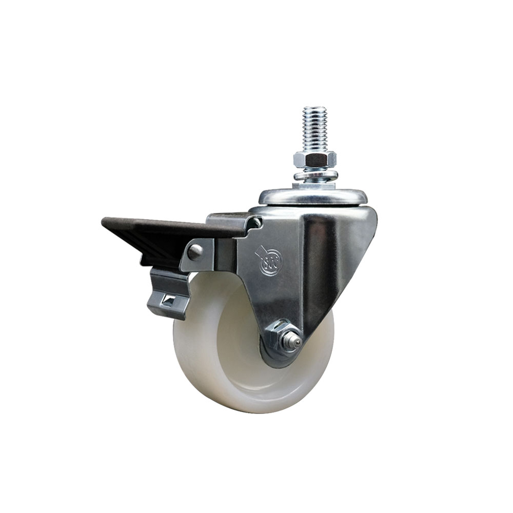 SCC-TS20S314-NYS-PLB-M1015 Nylon Swivel Threaded Stem Caster with 3 x 1.25 in. White Wheel & 10 mm Stem & Posi Locking Brake