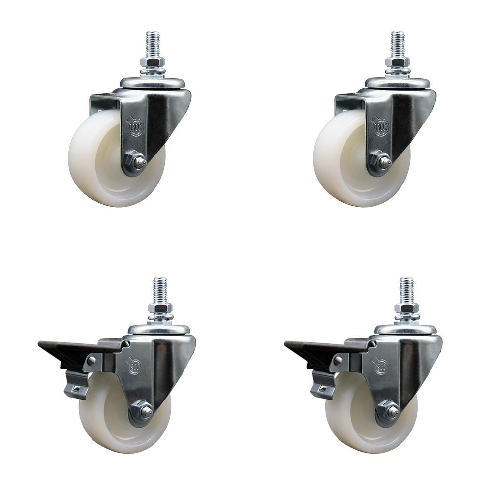 SCC-TS20S314-NYS-M1015-2-PLB-2 Nylon Swivel Threaded Stem Caster with 3 x 1.25 in. White Wheels & 10 mm Stems - Set of 4