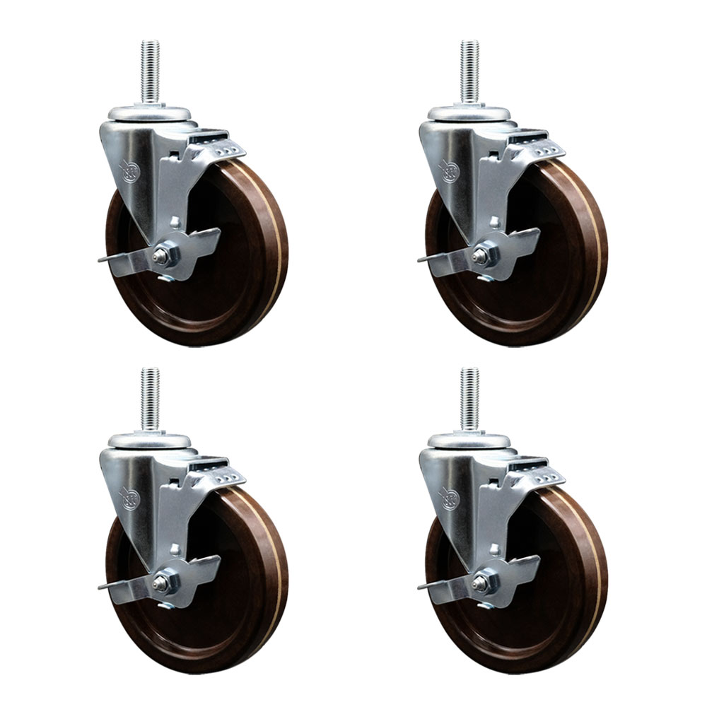 SCC-TS20S514-PHRHT-TLB-34212-4 High Temperature Phenolic Swivel Threaded Stem Caster with 5 x 1.25 in. Brown Wheels & 0.75 in. Stems - Set of 4
