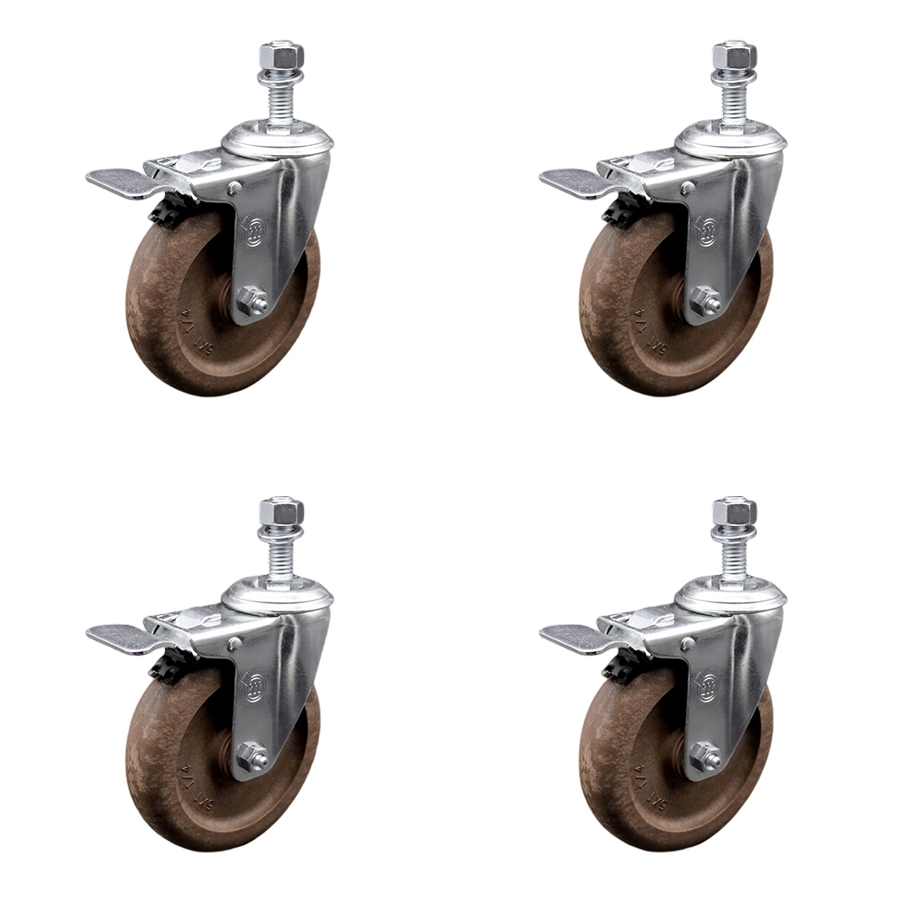 High Temperature Glass Filled Nylon Swivel Threaded Stem Caster with 5 x 1.25 in. Brown Wheels & 12 mm Stems - Set of 4