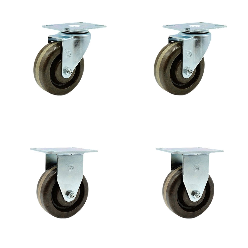 High Temperature Swivel Caster with 2 Rigid & 4 in. High Temperature Phenolic Wheel 3.13 x 4.13 in. Overall Top Plate - Set of 4