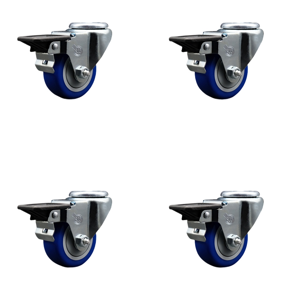 SCC-BH20S314-PPUB-BLUE-PLB-4 Polyurethane Swivel Bolt Hole Caster with 3 x 1.25 in. Blue Wheels - Set of 4
