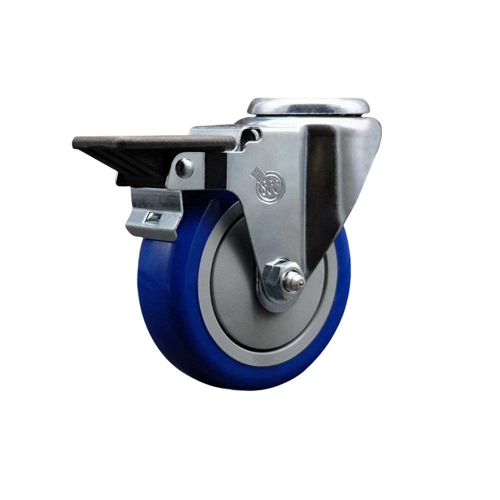 SCC-BH20S414-PPUB-BLUE-PLB Polyurethane Swivel Bolt Hole Caster with 4 x 1.25 in. Blue Wheel & Posi Locking Brake