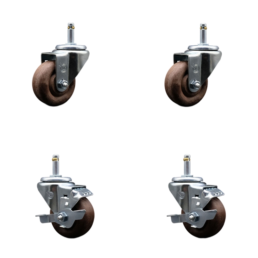 High Temperature Glass Filled Nylon Swivel Grip Ring Stem Caster with 3 x 1.25 in. Brown Wheels & 0.43 in. Stems - Set of 4