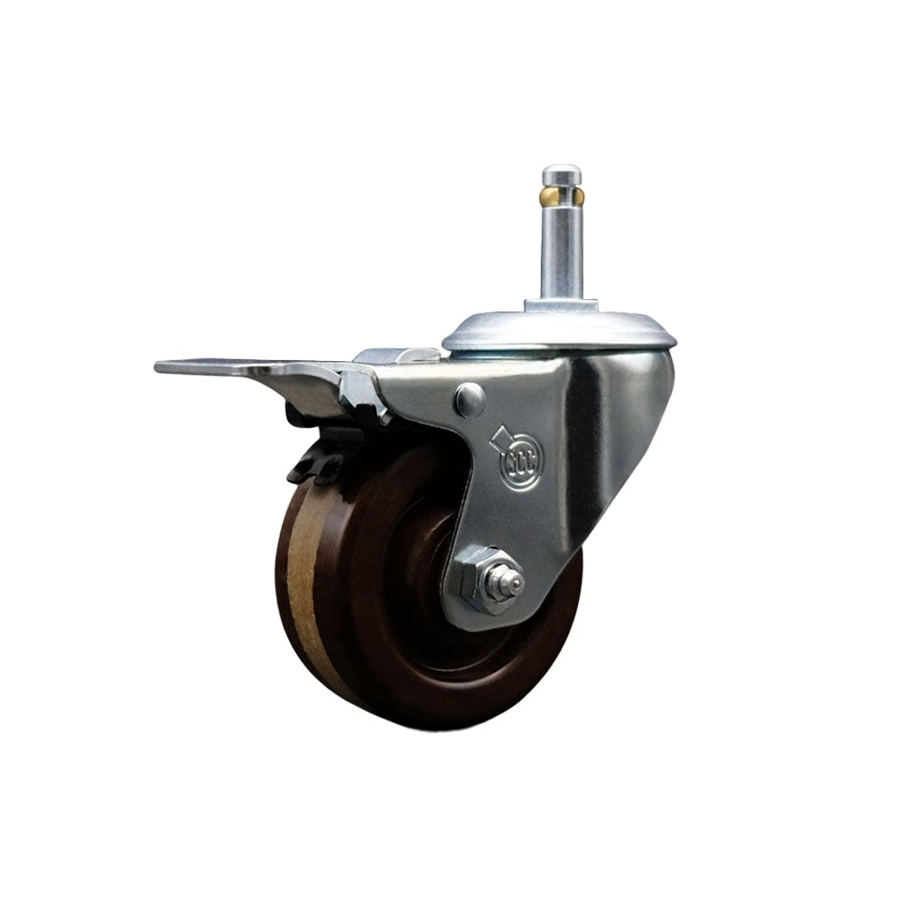 High Temperature Phenolic Swivel Grip Ring Stem Caster with Roller Bearing 3 x 1.25 in. Brown Wheel & 0.43 in. Stem & Total Locking Brake