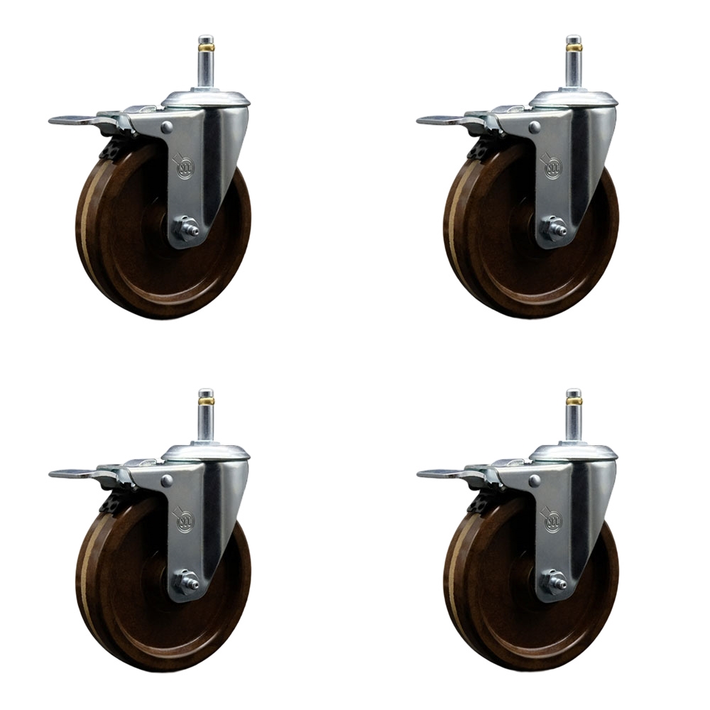 High Temperature Phenolic Swivel Grip Ring Stem Caster with Roller Bearing with 5 x 1.25 in. Brown Wheels & 0.43 in. Stems - Set of 4