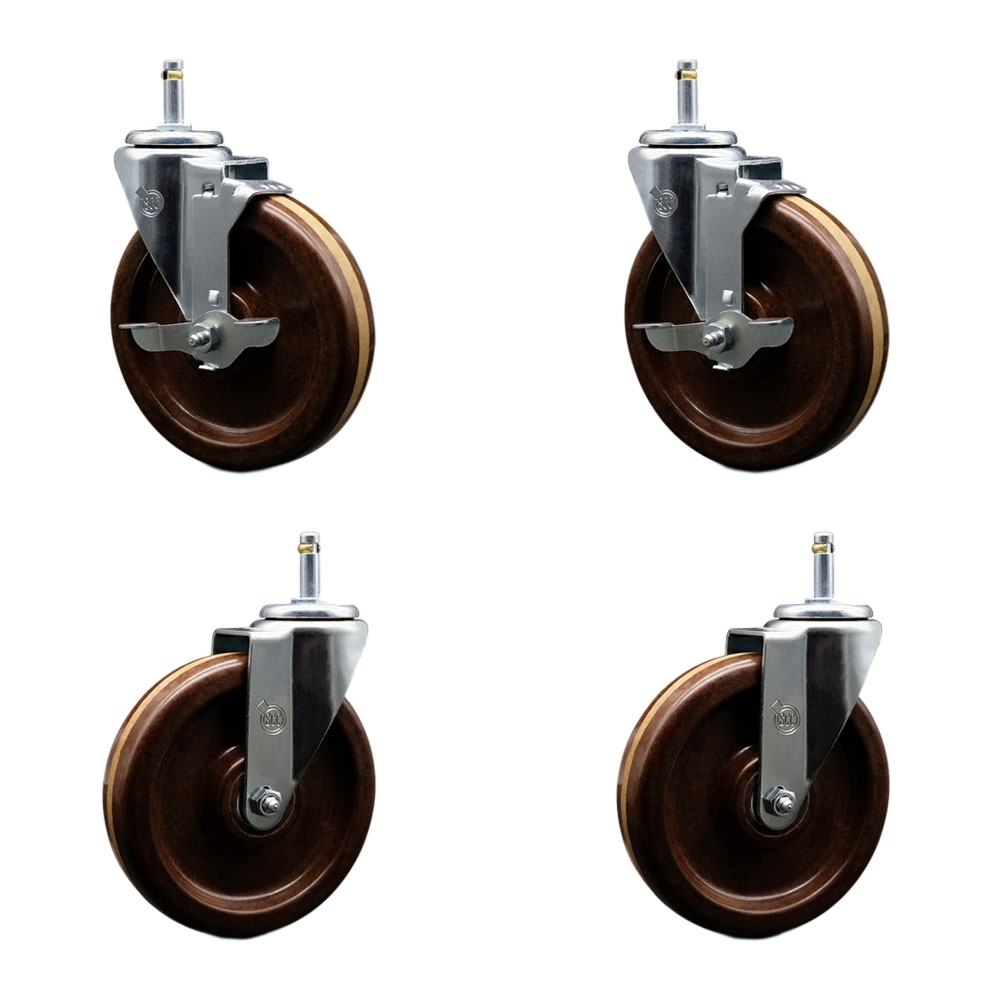High Temperature Phenolic Swivel Grip Ring Stem Caster with Roller Bearing 6 x 1.5 in. Brown Wheels & 0.43 in. Stems - Set of 4