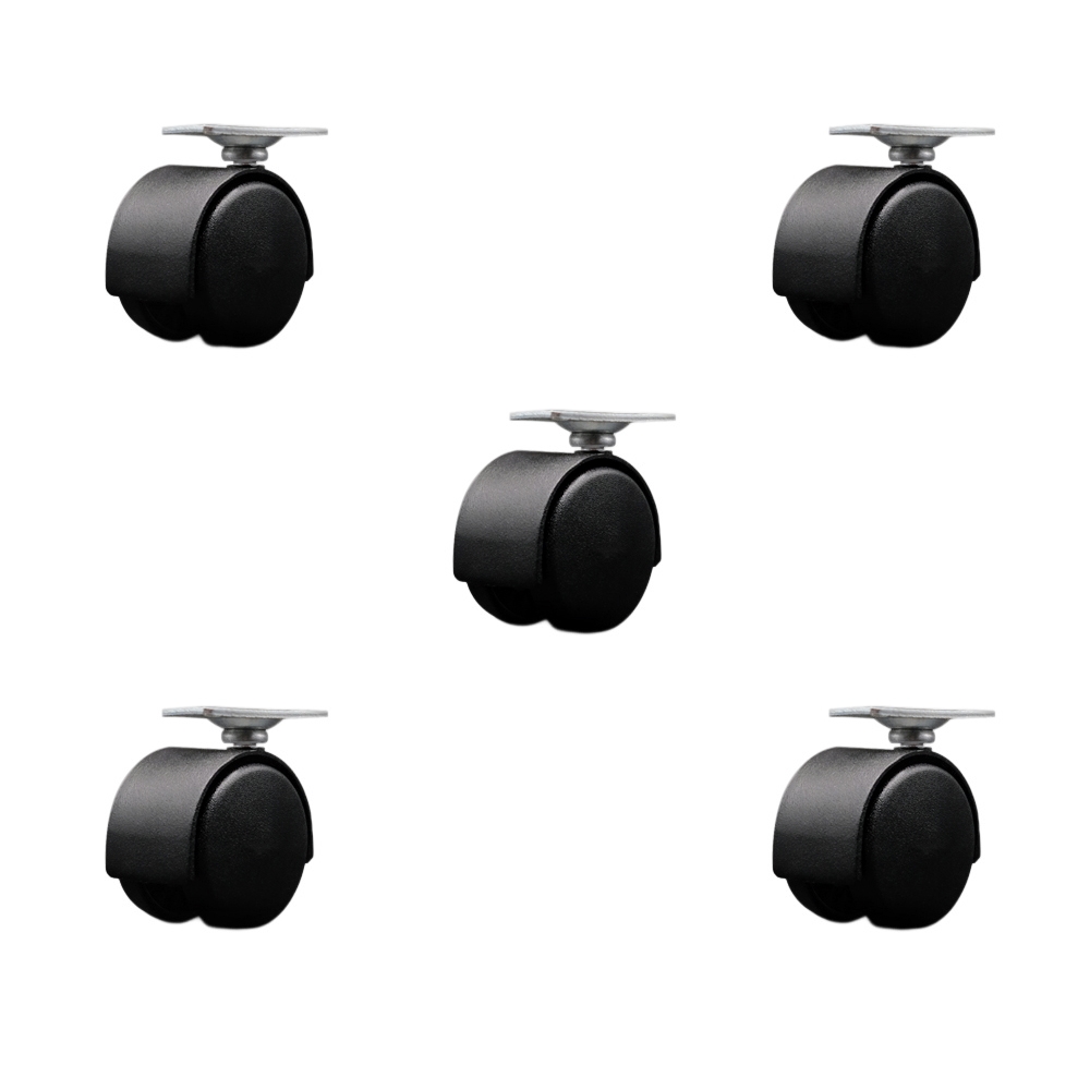 2 in. Swivel Caster For Furniture Nylon Flat Black Metal Hooded Twin Wheel 1.188 in. by 2 in. Overall Top Plate Casters - Set of 5
