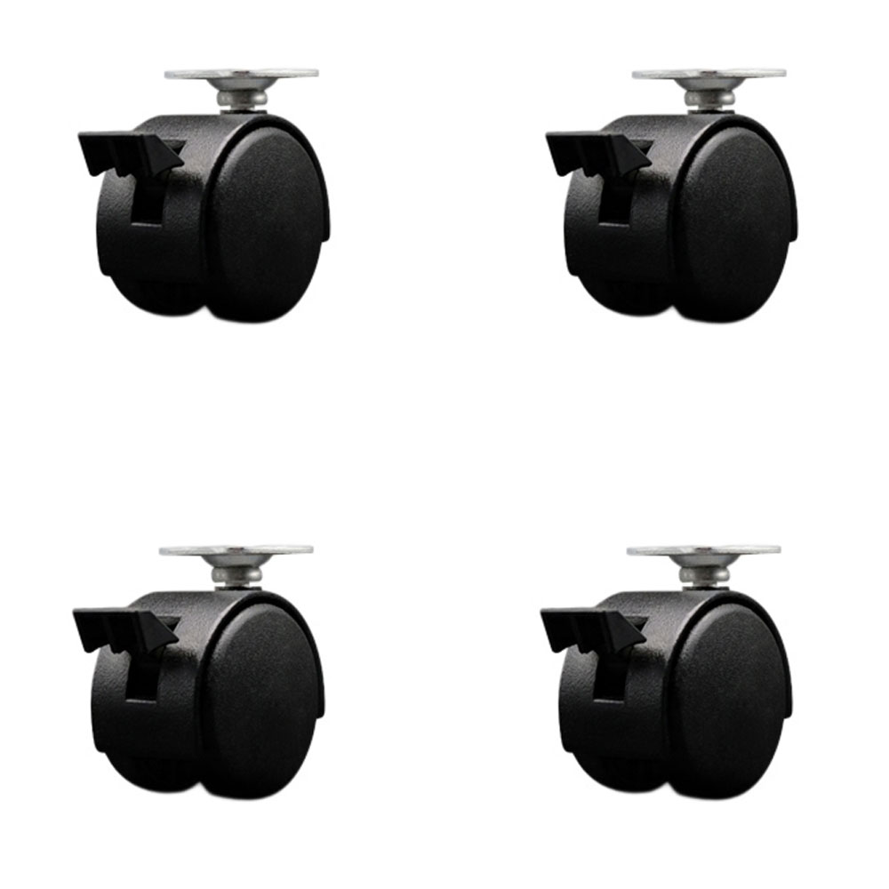 2 in. Swivel Caster Wheels For Furniture-Nylon Flat Black Metal Hooded Twin Wheel & Brake-1.5 in. by 1.5 in. Overall Top Plate-Casters - Set of 4