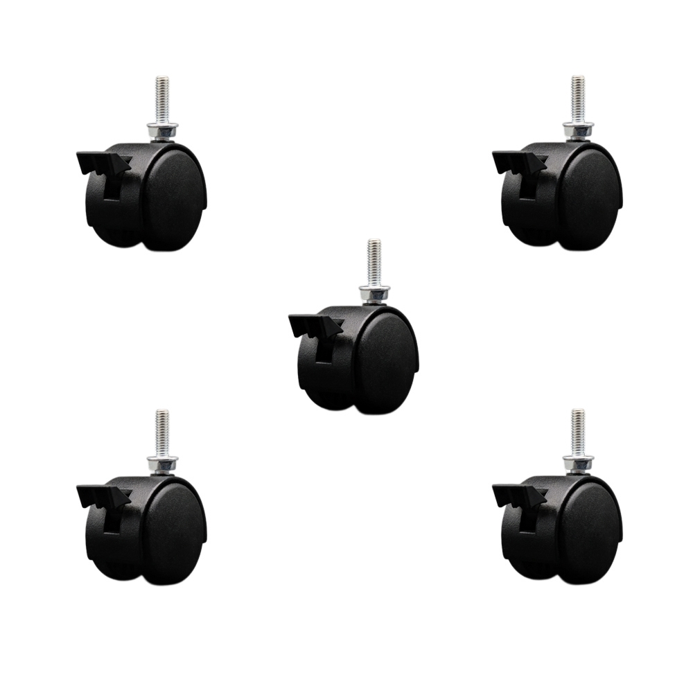SCC-TS02S50D-NYS-FB-B-5161810-5 2 in. Flat Black Metal Hooded Twin Office Chair Wheel 0.31 in. 18 TPI by 1 in. Threaded Stems & Brakes - Set of 5