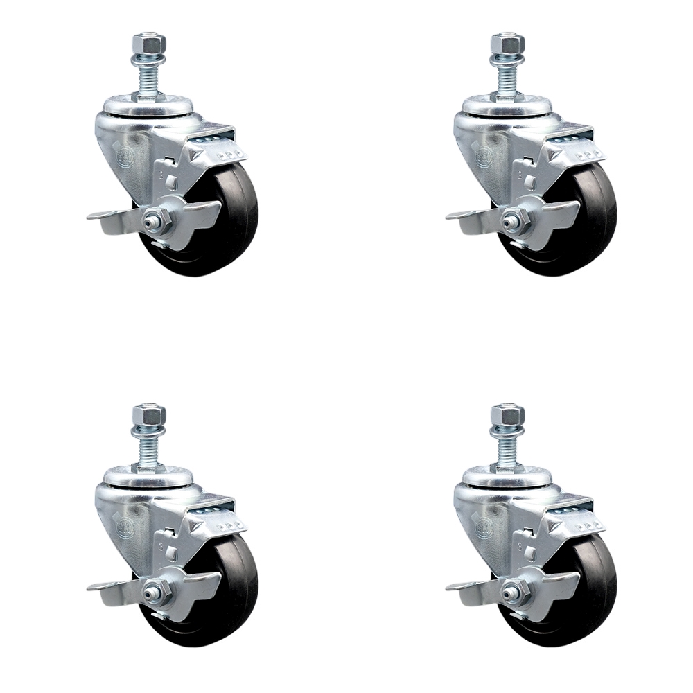 SCC-TS20S314-HRS-TLB-381615-4 Hard Rubber Swivel Threaded Stem Caster with 3 x 1.25 in. Black Wheels & 0.38 in. Stems - Set of 4