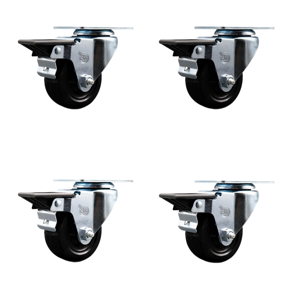 SCC-20S314-HRS-PLB-4 Hard Rubber Swivel Top Plate Caster with 3 in. Black Wheels - Set of 4