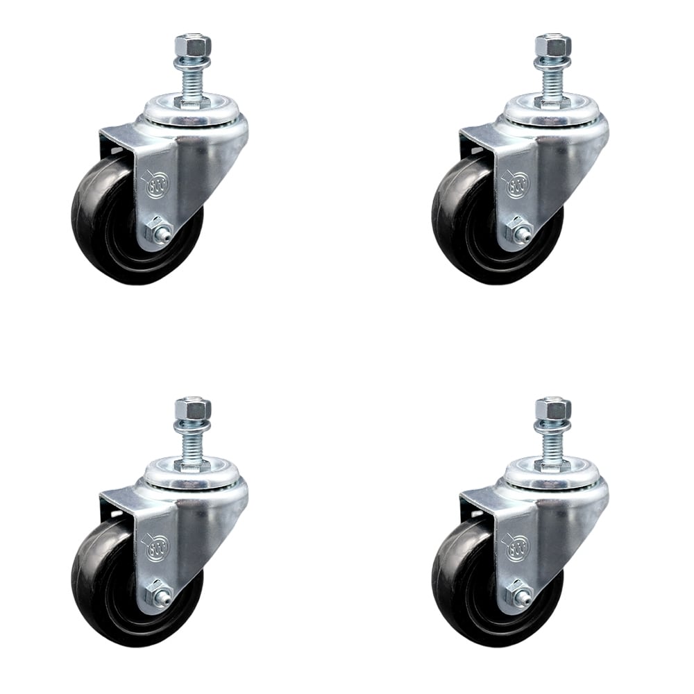 SCC-SSTS20S314-HRS-381615-4 Stainless Steel Hard Rubber Swivel Threaded Stem Caster with 3 x 1.25 in. Black Wheels & 0.38 in. Stems - Set of 4