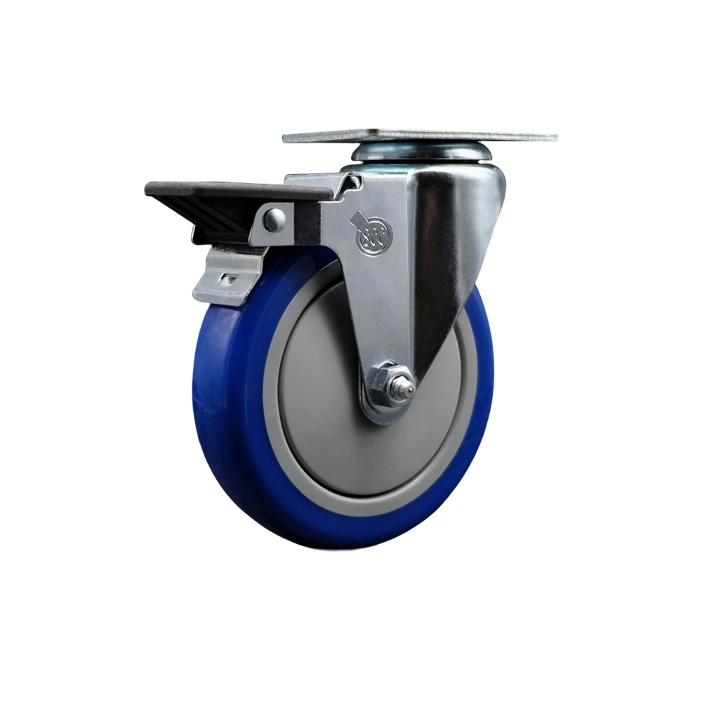 SCC-20S514-PPUB-BLUE-PLB Polyurethane Swivel Top Plate Swivel Caster with 5 in. Blue Wheel & Posi Locking Brake