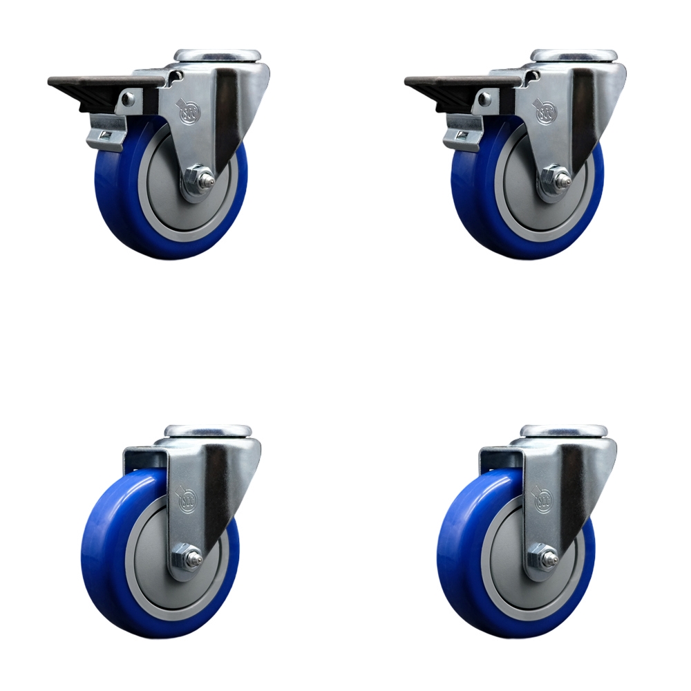 SCC-BH20S414-PPUB-BLUE-PLB-2-S-2 Polyurethane Swivel Bolt Hole Caster with 4 x 1.25 in. Blue Wheels - Set of 4
