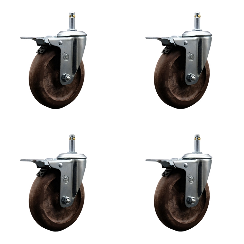 High Temperature Glass Filled Nylon Swivel Grip Ring Stem Caster with 5 x 1.25 in. Brown Wheels & 0.43 in. Stems - Set of 4