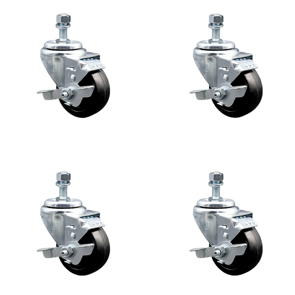 SCC-TS20S314-HRS-TLB-M1015-4 Hard Rubber Swivel Threaded Stem Caster with 3 x 1.25 in. Black Wheels & 10 mm Stems - Set of 4