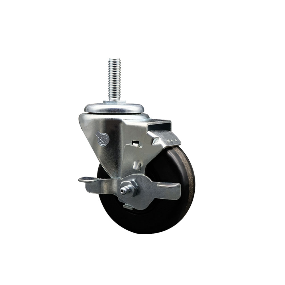 SCC-TS20S3514-PHS-TLB-58212 Phenolic Swivel Threaded Stem Caster with 3.5 x 1.25 in. Black Wheel & 0.63 in. Stem & Top Locking Brake