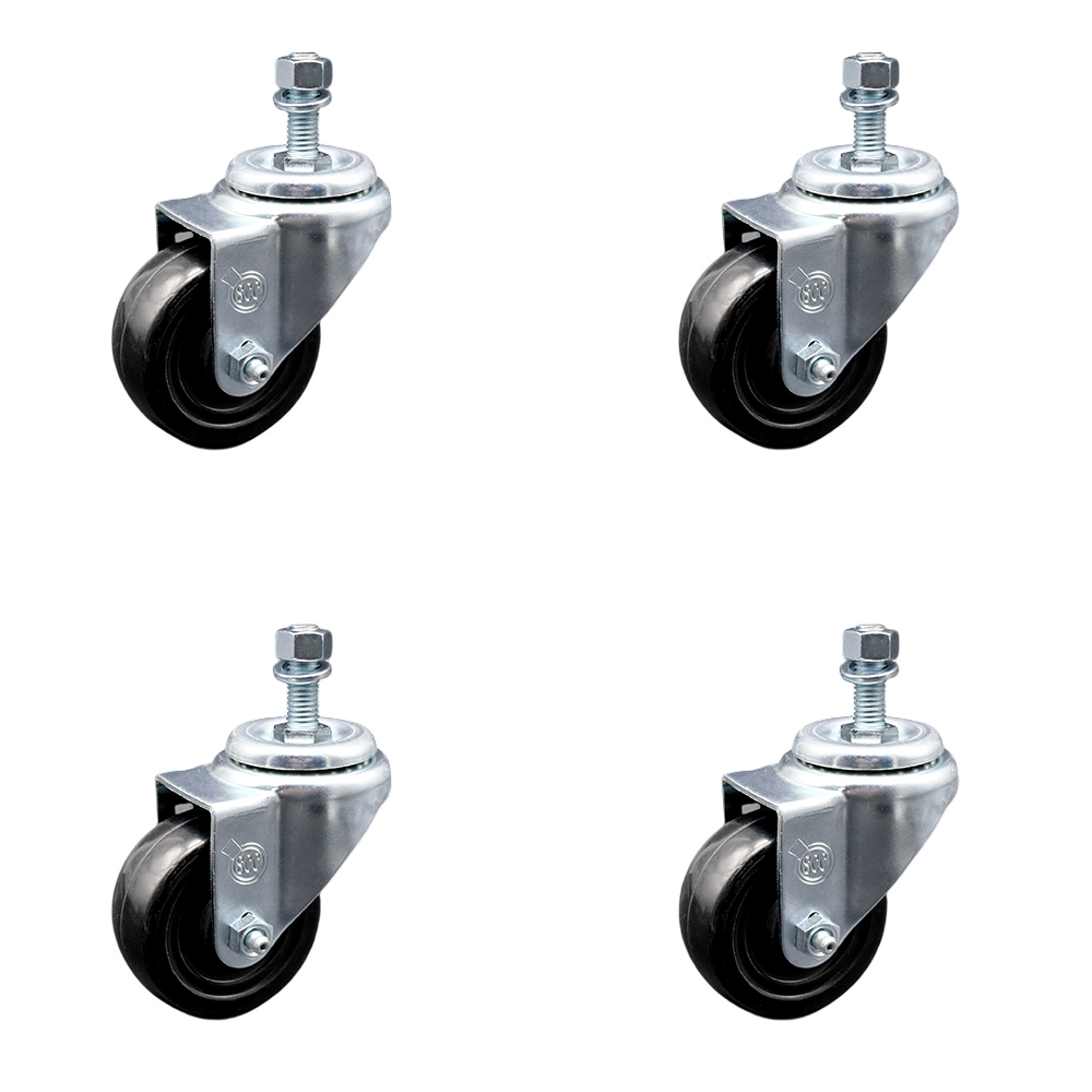 SCC-TS20S314-HRS-M1215-4 Hard Rubber Swivel Threaded Stem Caster with 3 x 1.25 in. Black Wheels & 12 mm Stems - Set of 4