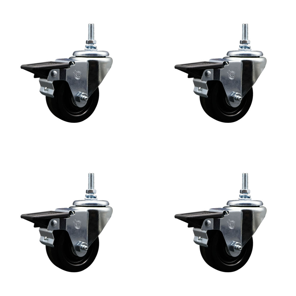 SCC-TS20S314-PHS-PLB-381615-4 Phenolic Swivel Threaded Stem Caster with 3 x 1.25 in. Black Wheels & 0.38 in. Stems - Set of 4