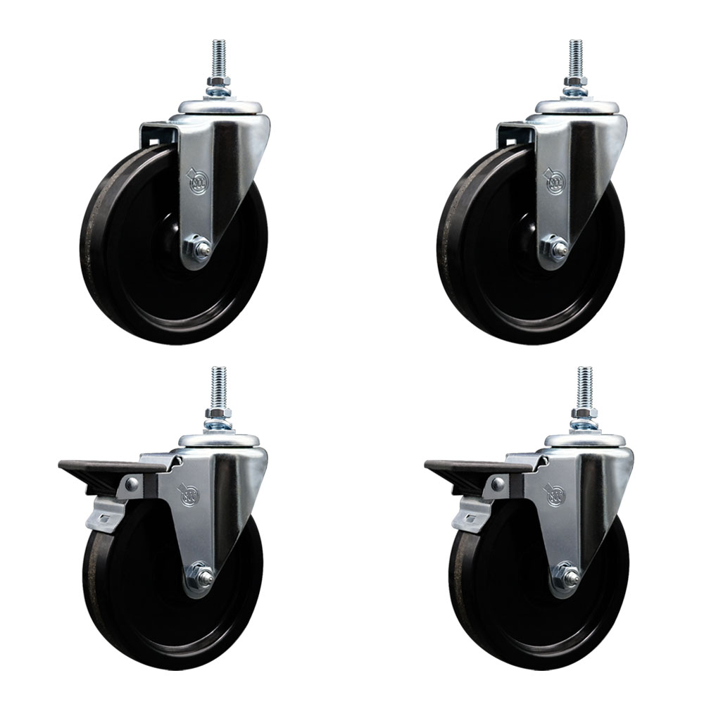 SCC-TS20S514-PHS-381615-2-PLB-2 Phenolic Swivel Threaded Stem Caster with 5 x 1.25 in. Black Wheels & 0.38 in. Stems - Set of 4