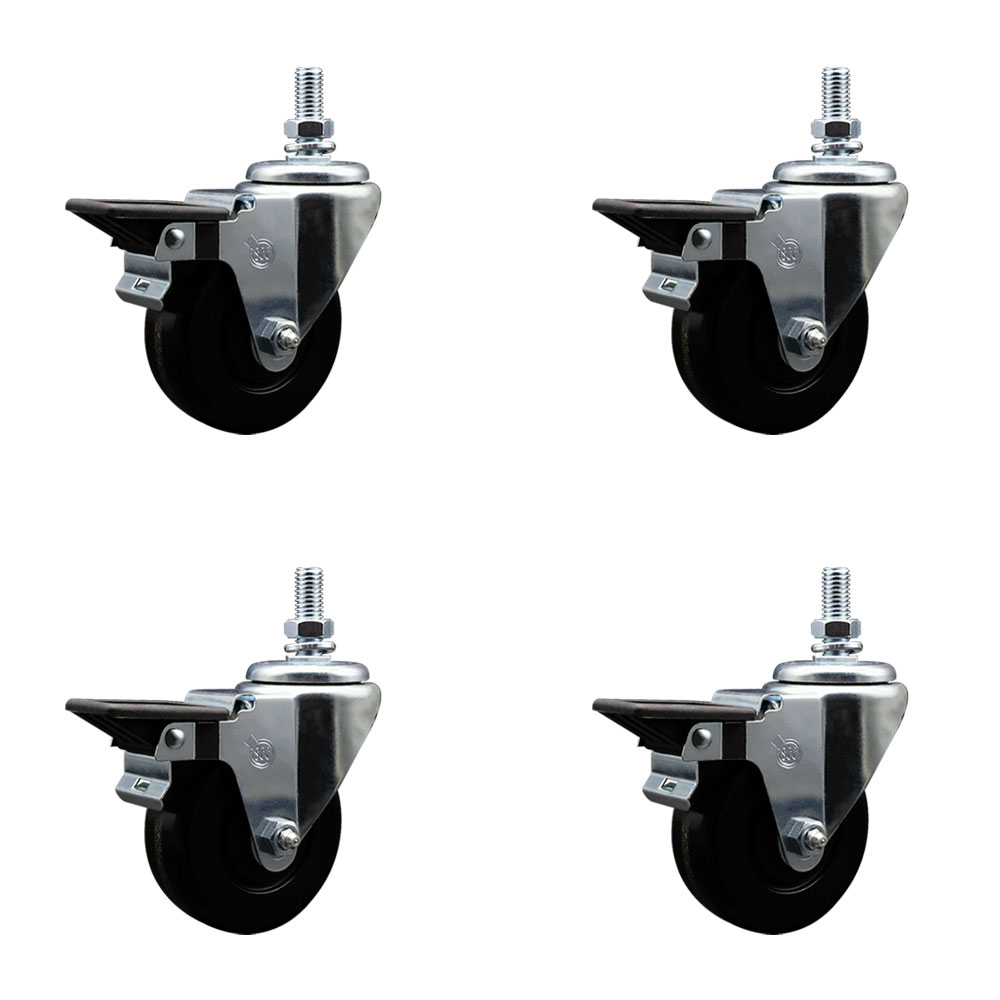SCC-TS20S3514-PHS-PLB-M1015-4 Phenolic Swivel Threaded Stem Caster with 3.5 x 1.25 in. Black Wheels & 10 mm Stems - Set of 4