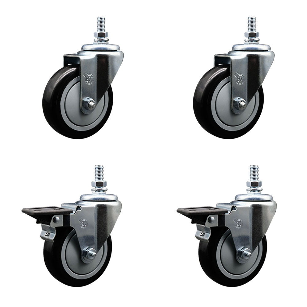 SCC-TS20S414-PPUB-BLK-121315-2-PLB-2 Polyurethane Swivel Threaded Stem Caster with 4 x 1.25 in. Black Wheels & 0.5 in. Stems - Set of 4